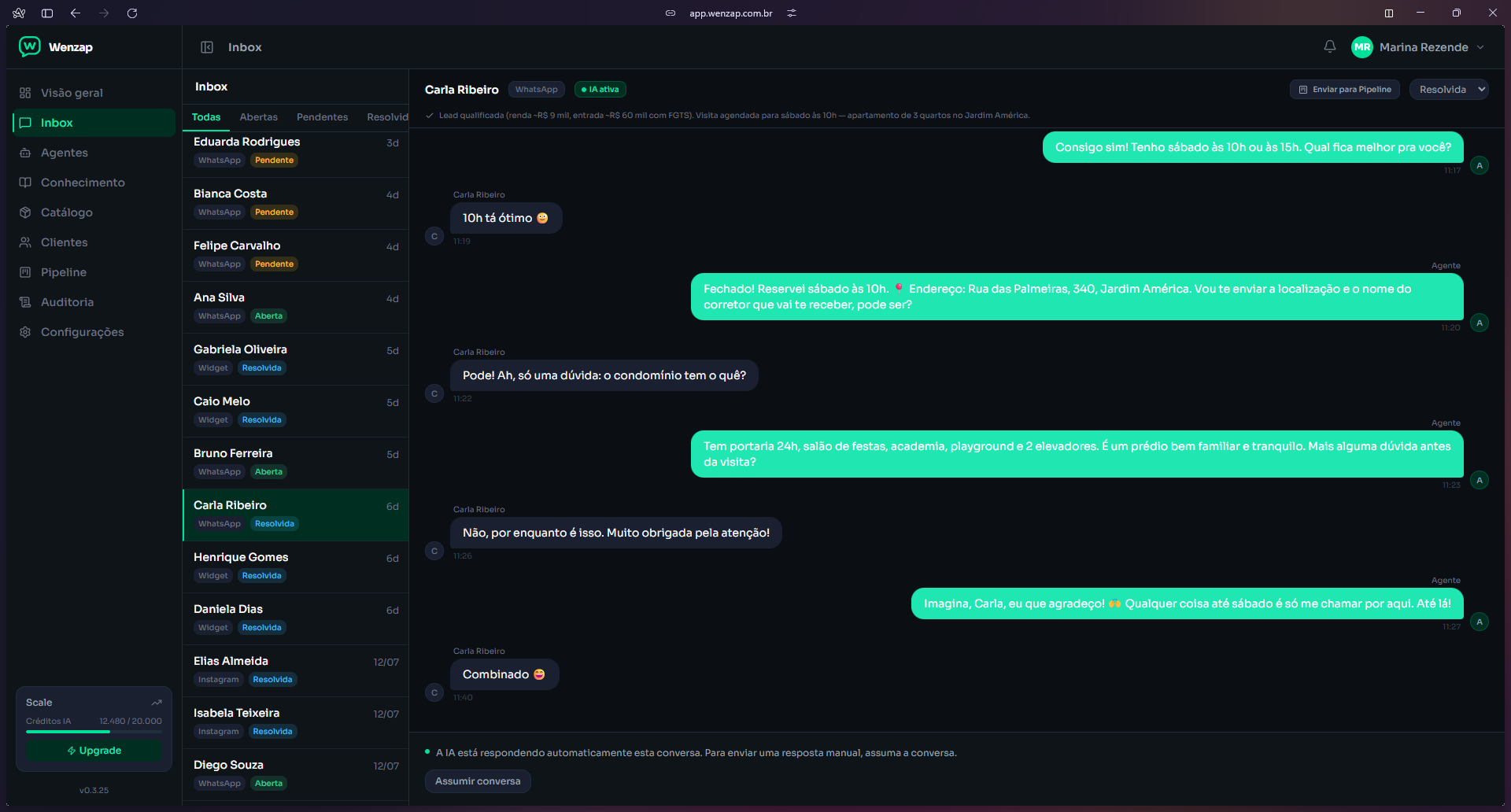 Inbox do Wenzap: o agente qualifica o lead, agenda a visita e a conversa é marcada como resolvida